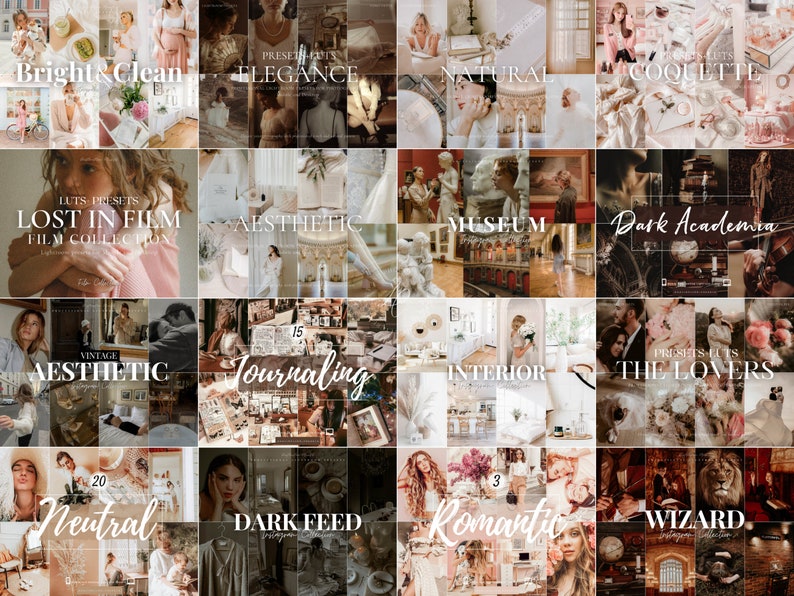 May include: A collage of 20 different photo filter presets for digital photography. The presets are organized in a grid with titles such as "Bright & Clean", "Lost in Film", "Aesthetic", "Museum", "Dark Academia", "The Lovers", "Neutral", "Dark Feed", "Romantic", and "Wizard".