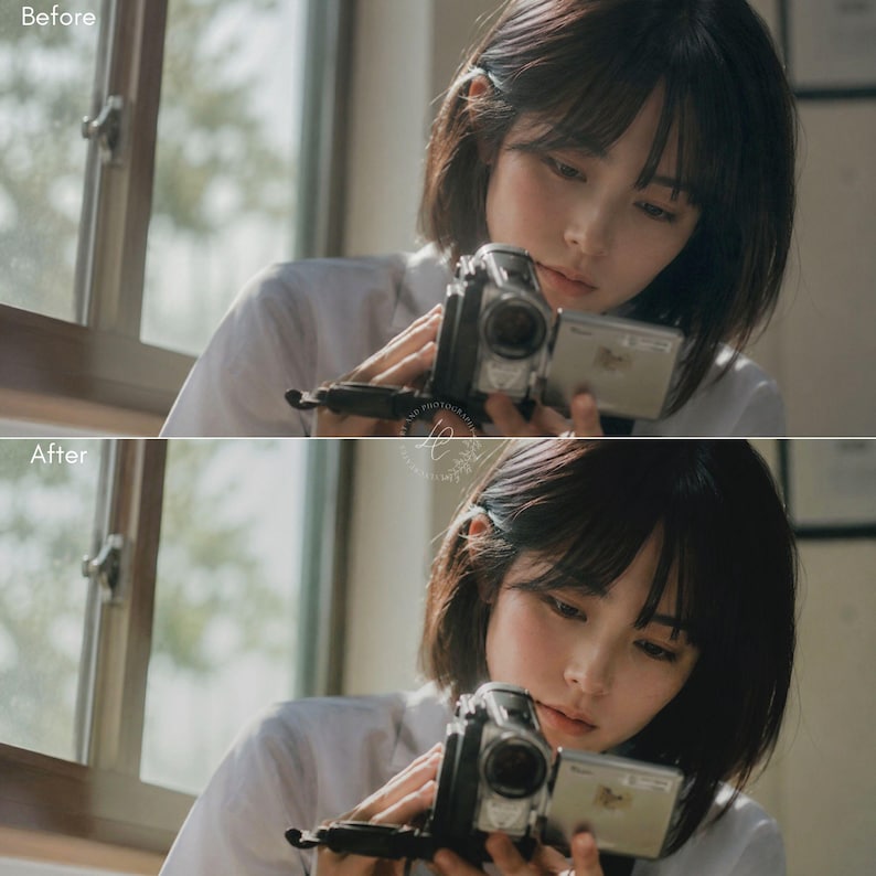 May include: A person holding a vintage silver video camera, with a focus on the camera's details. The person is wearing a white shirt, and the background includes a window with natural light.