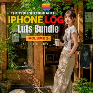 May include: A digital product advertisement titled THE PRO PHOTOGRAPHER IPHONE LOG Luts Bundle -VOLUME 2- APPLE LOG + REC.709. The image features a person in a white t-shirt and beige cargo pants holding a cup, with a cat resting on the wooden floor.