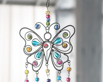 Butterfly Wind chime With Colorful Beads, Metal Windchime & Bell, Home Decor, Crystal Windchime, Thank you Gift, Vintage Gift, Memorial Gift