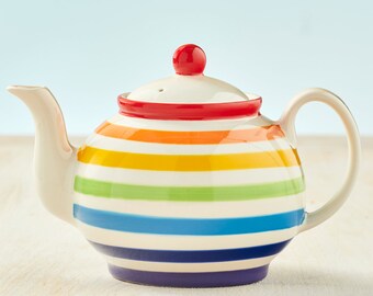 Unique Ceramic Teapot, Colorful Off white & Rainbow Stripes, Handmade By Artisan, Small Vintage Teapot, Minimalist Decor, House warming Gift