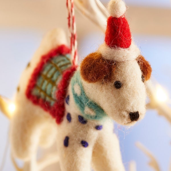 Felt Dog in Santa Hat, Handmade Christmas Decoration, Felt Ornament, Needle Felt Dog, Felt Animal Decor, Christmas Tree Hanging, Felt Toy