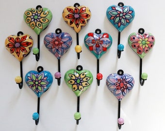 Set Of Heart Ceramic Hook, Handpainted, Coat Hooks, Coat Racks, Garage Hooks, Cloth Rack, Hanging Wall Hook, Antique Towel Rack, Key Holder