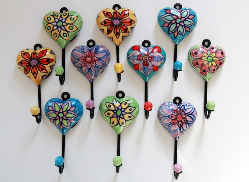 Set Of Heart Ceramic Hook, Handpainted, Coat Hooks, Coat Racks, Garage Hooks, Cloth Rack, Hanging Wall Hook, Antique Towel Rack, Key Holder 画像 1