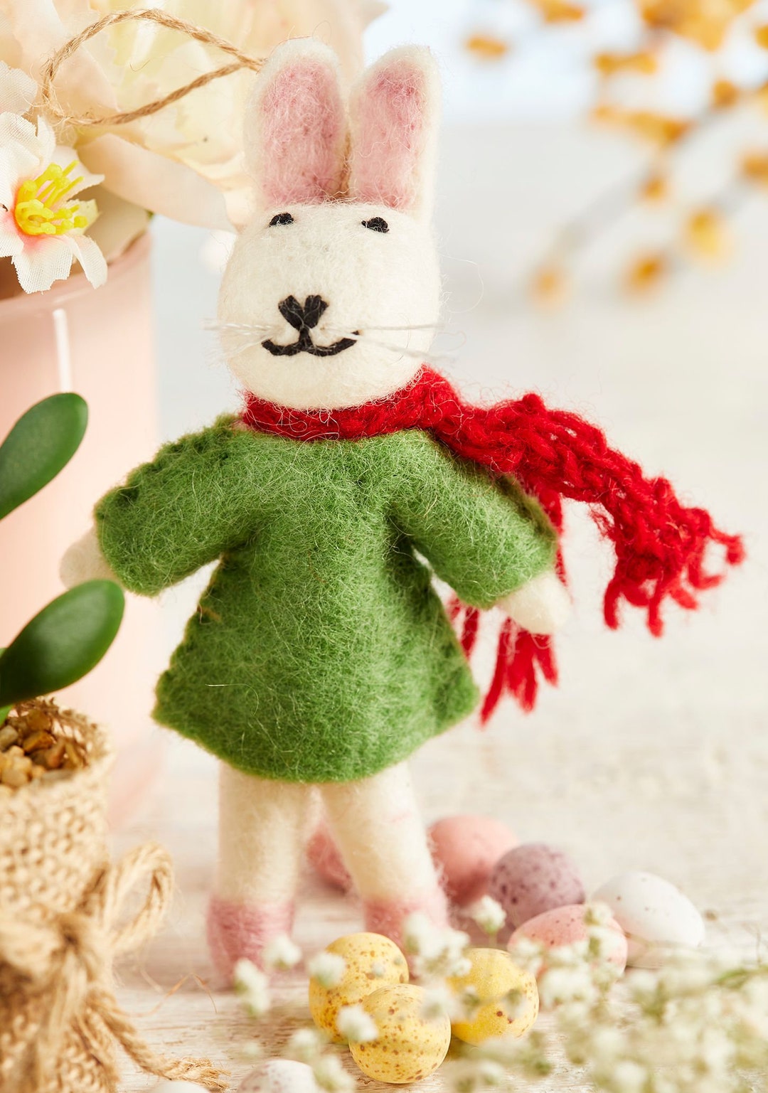 Felt Bunny in Green Dress and Red Scarf, Needle Felt Christmas Tree ...