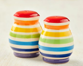 Ceramic Salt And Pepper Shaker, Handpainted, Rainbow Stripe Salt & Pepper Set, Seasoning Pot, BBQ Camping, Travel Pots, Twin Sets, Handmade