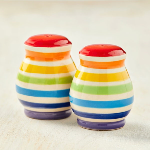 Ceramic Salt And Pepper Shaker, Handpainted, Rainbow Stripe Salt & Pepper Set, Seasoning Pot, BBQ Camping, Travel Pots, Twin Sets, Handmade