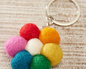 Rainbow Flower Felt Keyrings, Handmade Colorful Floral Keychains, Ethical And Fair Trade, Made By Artisans, Cute Friendship Keyring Gifts