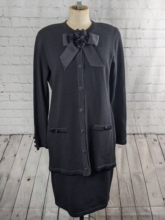 1980s Black Knit Power Suit with Floral Bow