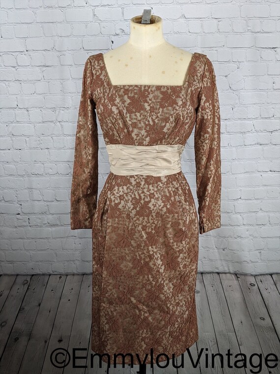 Lovely 1950s Faun Brown Lace Wiggle Dress