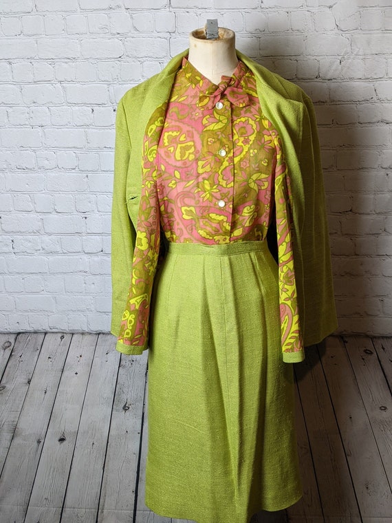 1960s Three Piece Green and Pink Groovy Skirt Suit