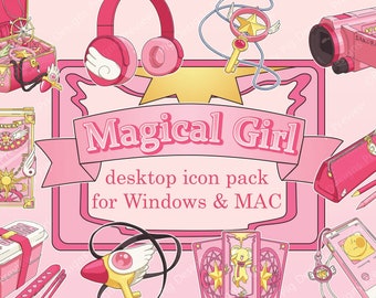 魔法少女：Windows + Mac用のかわいいアニメデスクトップフォルダアイコンと壁紙パック