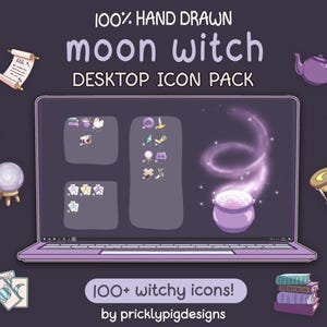 Moon Witch 2: Witchy Aesthetic Desktop Folder Icon Pack for Windows + MAC, .PNG, .ICO, Cute Desktop Backgrounds, Halloween