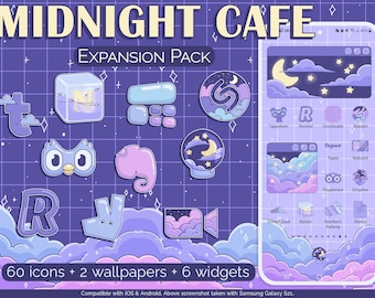 May include: A phone screen mockup with a purple and blue gradient background featuring a night sky with clouds, stars, and a crescent moon. The phone screen displays a grid of app icons with a variety of popular apps, including Twitter, Instagram, Spotify, and more. The text "MIDNIGHT CAFE EXPANSION PACK" is displayed at the top of the image. The text "60 icons + 2 wallpapers + 6 widgets" is displayed at the bottom of the image.