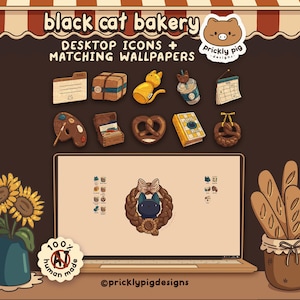 May include: A digital set of Black Cat Bakery desktop icons and matching wallpapers featuring illustrations of a folder, package, cat, drink, calendar, palette, box, pretzels, and book. A laptop screen displays a cat wreath icon.