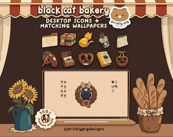 May include: A digital set of Black Cat Bakery desktop icons and matching wallpapers featuring illustrations of a folder, package, cat, drink, calendar, palette, box, pretzels, and book. A laptop screen displays a cat wreath icon.