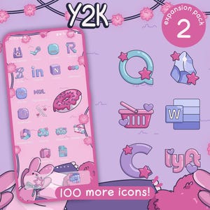 May include: A pink and purple phone screen with a collection of 100 Y2K style icons. The icons are in a grid pattern and feature a variety of designs, including hearts, stars, and donuts. The text "Y2K expansion pack 2" is at the top of the screen.