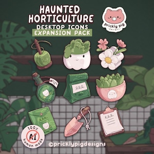 May include: A set of quirky desktop icons with a gardening theme. The icons feature a ball of twine, a potted succulent, a flower, a potion bottle, a seed packet, a pink pot with a ghost, a seed packet, a trowel, and a clipboard. The text "HAUNTED HORTICULTURE" is displayed.