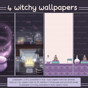 May include: Four digital wallpapers with a witchy theme. The first wallpaper features a purple cauldron with swirling purple smoke. The second wallpaper shows a fireplace with a cauldron and a lit fire. The third wallpaper is a plain white background. The fourth wallpaper shows a shelf with potion bottles, books, and plants.