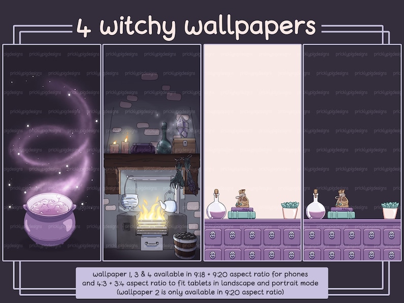 May include: Four digital wallpapers with a witchy theme. The first wallpaper features a purple cauldron with swirling purple smoke. The second wallpaper shows a fireplace with a cauldron and a lit fire. The third wallpaper is a plain white background. The fourth wallpaper shows a shelf with potion bottles, books, and plants.