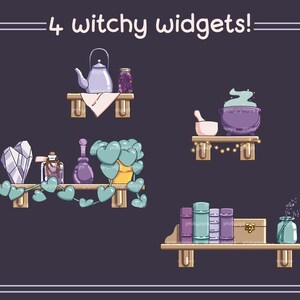 May include: Four shelves with various witchy items, including a teapot, potion bottles, a crystal, a cauldron, a plant, and books. The shelves are decorated with vines and lights.