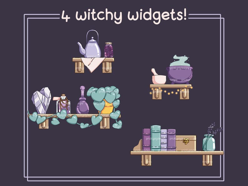 May include: Four shelves with various witchy items, including a teapot, potion bottles, a crystal, a cauldron, a plant, and books. The shelves are decorated with vines and lights.