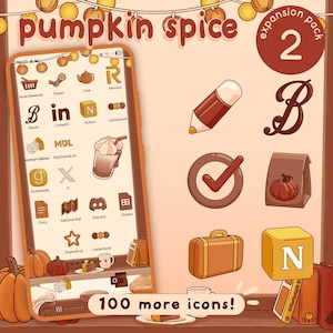 Puede incluir: Ilustración digital con temática de calabaza especiada. Un smartphone muestra iconos de aplicaciones, y otros iconos están dispersos. El texto "pumpkin spice" y "100 more icons!" son visibles. Calabazas decorativas y luces de cadena.