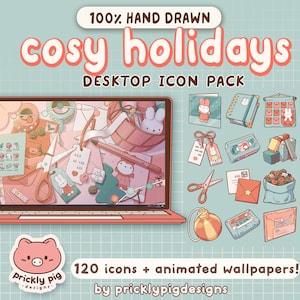 Puede incluir: Paquete de arte digital con temática de vacaciones acogedoras, con un portátil y varios iconos. La imagen incluye un conejito, regalos y una taza. El texto dice "cosy holidays" y "120 iconos + fondos de pantalla animados!"