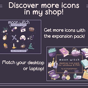 May include: A digital illustration of a desktop icon pack for Windows and Mac. The pack is called "Moon Witch" and features a purple, blue, and green color scheme. The icons are of various magical items, including a cauldron, a book, a potion bottle, and a moon.