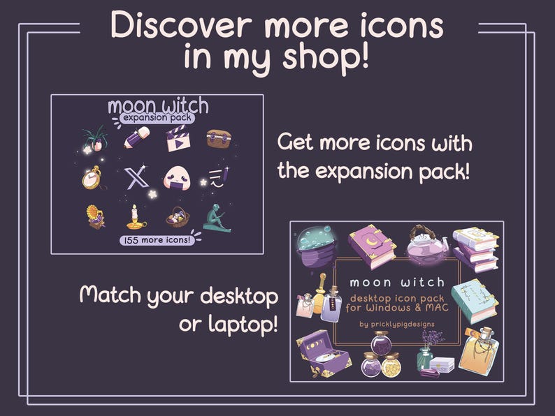 May include: A digital illustration of a desktop icon pack for Windows and Mac. The pack is called "Moon Witch" and features a purple, blue, and green color scheme. The icons are of various magical items, including a cauldron, a book, a potion bottle, and a moon.