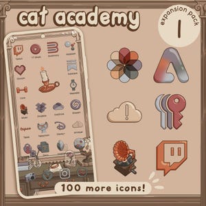 Puede incluir: Una pantalla de teléfono que muestra un conjunto de iconos de aplicaciones personalizados, titulado "cat academy". Los iconos tienen un estilo vintage, con una paleta de colores cálidos. También se muestra el texto "100 more icons!"