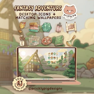 May include: A digital set of Fantasy Adventure desktop icons and matching wallpapers featuring illustrations of a golden chalice, books, a green die, a lantern, a scroll, art supplies, a pizza, and a potion bottle displayed on a laptop screen.