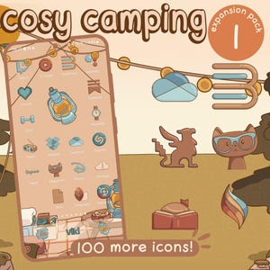 Könnte beinhalten: Ein Telefonbildschirm zeigt ein Camping-Themen-Icon-Paket mit einer Laterne, einem Herzen und anderen Symbolen. Die Worte "cosy camping" und "expansion pack 1" stehen oben. Unten steht "100 more icons!" mit Cartoon-Bildern.