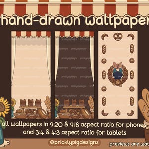 May include: Three hand-drawn digital wallpapers for phones and tablets. The wallpapers feature a bakery theme with bread, pretzels, and a cat wearing a baker's hat. The text "3 hand-drawn wallpapers" is at the top of the image. The text "all wallpapers in 9:20 & 9:18 aspect ratio for phones and 3:4 & 4:3 aspect ratio for tablets" is at the bottom of the image. The text "@pricklypigdesigns" is at the bottom of the image. The text "previews are watermarked" is at the bottom of the image.