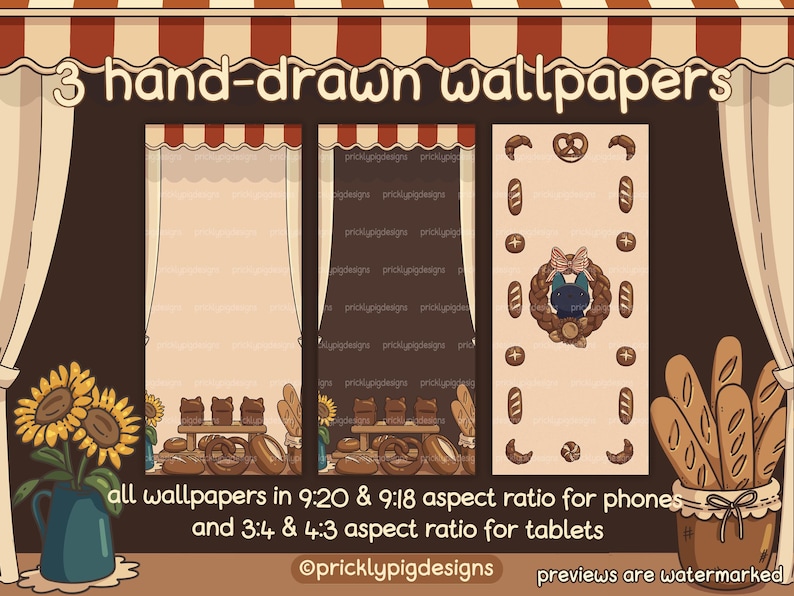 May include: Three hand-drawn digital wallpapers for phones and tablets. The wallpapers feature a bakery theme with bread, pretzels, and a cat wearing a baker's hat. The text "3 hand-drawn wallpapers" is at the top of the image. The text "all wallpapers in 9:20 & 9:18 aspect ratio for phones and 3:4 & 4:3 aspect ratio for tablets" is at the bottom of the image. The text "@pricklypigdesigns" is at the bottom of the image. The text "previews are watermarked" is at the bottom of the image.
