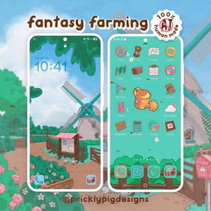 May include: Two smartphone screens displaying a digital interface with a fantasy farming theme. The screens feature a light green background with icons of a watering can, windmill, and various apps. The text reads fantasy farming and 100% human made.
