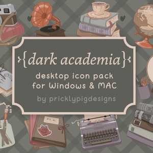 May include: A set of 10 dark academia themed desktop icons for Windows and Mac. The icons include a vintage camera, a gramophone, a stack of books, a globe, a needlepoint hoop with lavender, a jar of paintbrushes, a stack of books with a rose sticker, and a vintage typewriter.