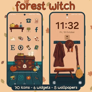 Pacchetto icone estetiche "Fall Forest Witch" per iOS, Android e tablet, sfondi, widget, tema app carino e spettrale