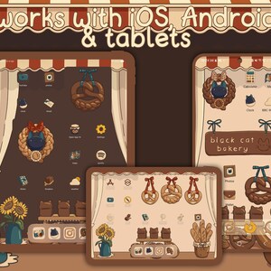 May include: A digital illustration of a bakery storefront with a brown and white striped awning. The storefront has a sign that says "Black Cat Bakery". The illustration is used to promote a mobile app that works with iOS, Android, and tablets.