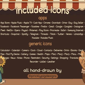 May include: A brown chalkboard with white text listing various app and generic icons. The text reads "included icons", "apps", "generic icons", and "all hand-drawn by @pricklypigdesigns". The chalkboard is framed by a red and white striped awning and a white curtain on each side. A bouquet of sunflowers is on the left side of the chalkboard and a basket of bread is on the right side.