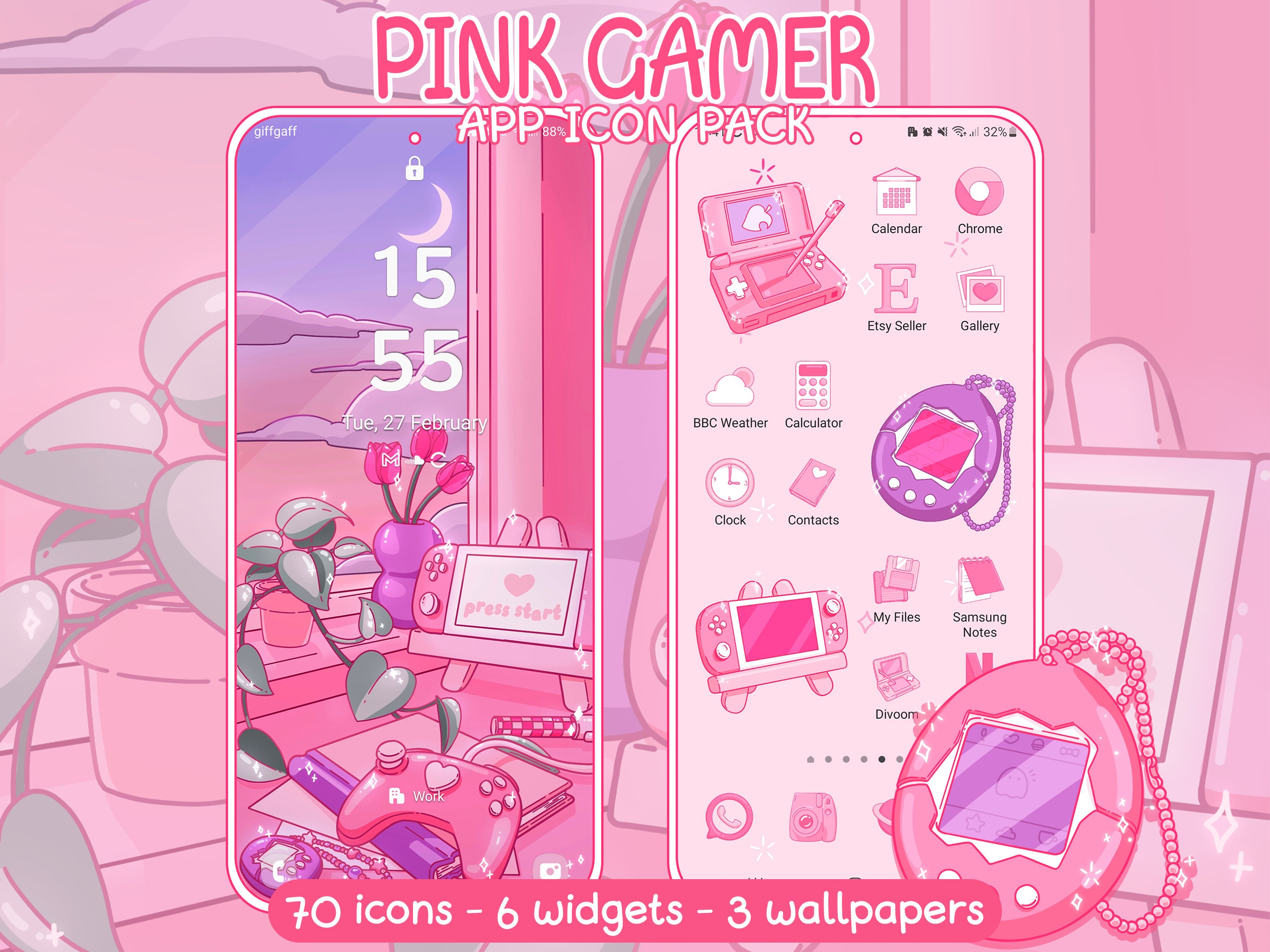 Pink Gamer Icon Pack for iOS, Android & Tablet, Wallpapers, Widgets, Cute Nostalgic App Theme