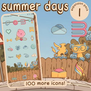 May include: A smartphone screen shows a custom home screen theme with pastel icons, including a heart, ice cream cone, and watch. The words "summer days" and "100 more icons!" are visible. A road sign with a bear is on the left.