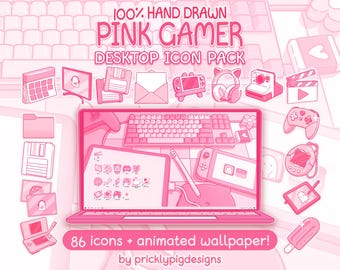 Pink Gamer Aesthetic Desktop Folder Icon & Wallpaper Pack for Windows + Mac, .PNG, .ICO, .ICNS