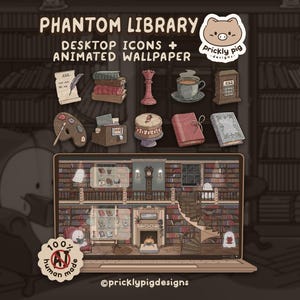 Könnte beinhalten: Eine digitale Sammlung mit dem Titel PHANTOM LIBRARY DESKTOP ICONS + ANIMATED WALLPAPER, die eine Reihe illustrierter Symbole enthält, darunter eine Schriftrolle, Bücher, eine Schachfigur, eine Teetasse, eine Uhr, eine Palette, ein Aktenschrank, ein Kuchen und zwei Tagebücher.