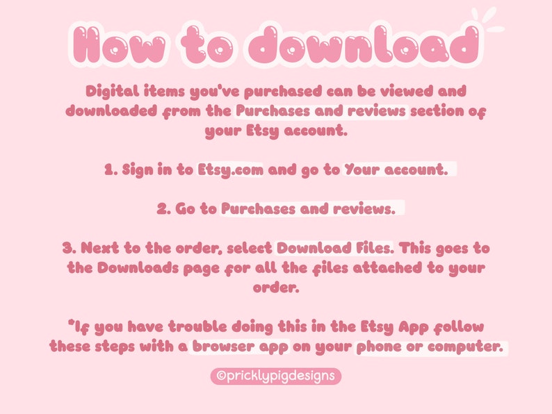 Pu&ograve; includere: Grafica rosa e bianca con il testo "How to download" in un font a bolle. Istruzioni su come scaricare gli articoli digitali acquistati su Etsy.com. Il testo include i passaggi per scaricare gli articoli digitali dal sito web di Etsy e dall'app di Etsy.