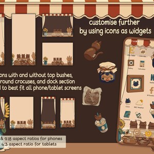 May include: A digital illustration of a phone screen with a customizable home screen. The screen has a variety of icons, including a clock, a calendar, a calculator, and a weather app. The illustration is in a cartoon style with a brown background and a white awning.