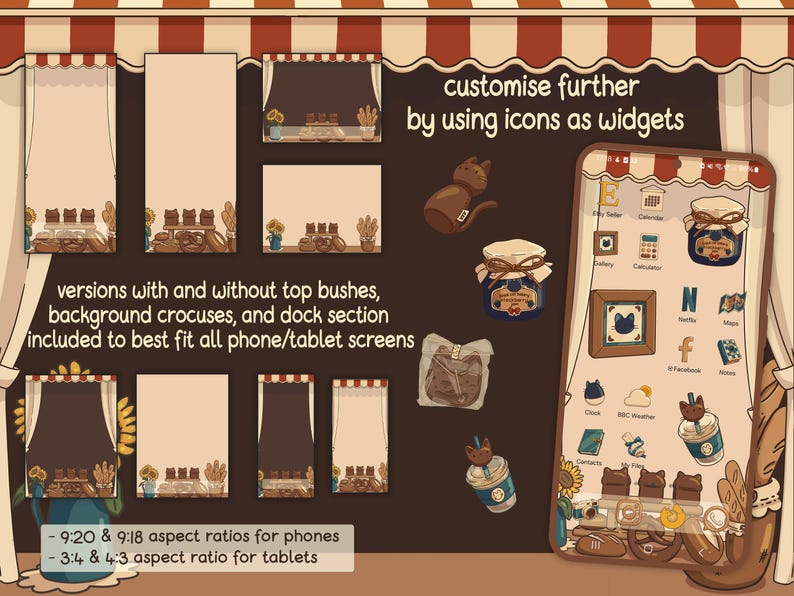 May include: A digital illustration of a phone screen with a customizable home screen. The screen has a variety of icons, including a clock, a calendar, a calculator, and a weather app. The illustration is in a cartoon style with a brown background and a white awning.