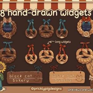 May include: Eight hand-drawn digital illustrations of pretzel-shaped bakery widgets. The widgets are in various colors and styles, including a black cat bakery logo. The text "8 hand-drawn widgets" and "long widgets" is included in the image.