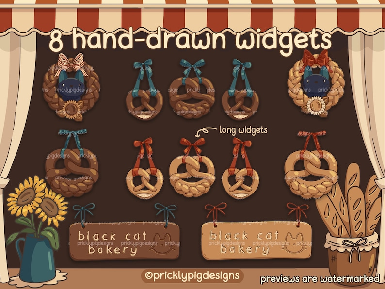 May include: Eight hand-drawn digital illustrations of pretzel-shaped bakery widgets. The widgets are in various colors and styles, including a black cat bakery logo. The text "8 hand-drawn widgets" and "long widgets" is included in the image.
