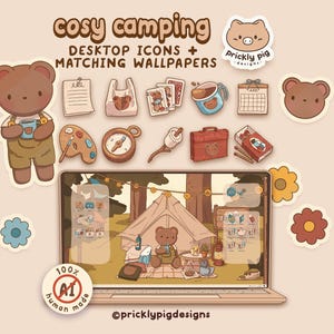 Paquete de iconos y fondos de pantalla 4K de Cozy Camping para Windows y Mac: Tema del oso del bosque